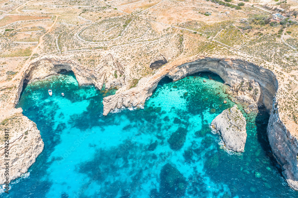 Aerial view drone - blue lagoon among the rocks sea.