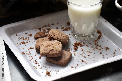 chocolate cookies chip with glass of milk