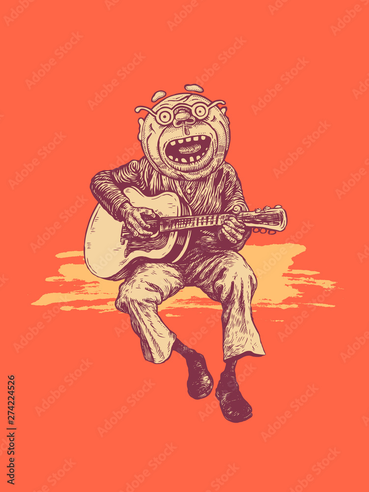 A man with round glasses plays the guitar and sings the nostalgic songs of his youth. Drawing Style. Vector illustration.