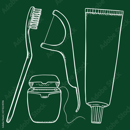 Vector Set of Chalk Sketch Tooth Brushing Items. Tooth Brush, Dental Floss, Dentifrice.