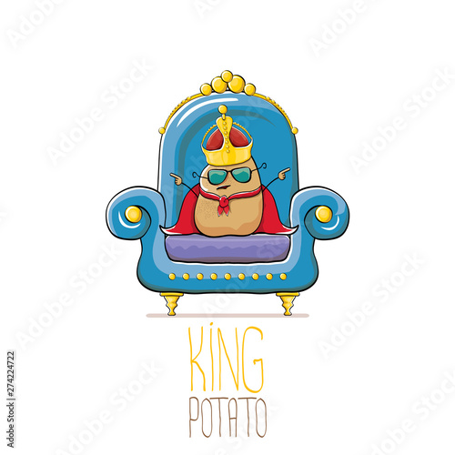 vector funny cartoon cute brown smiling king potato with golden royal crown and red mantle or cape sitting on blue throne isolated on white background. vegetable funky food drawn character