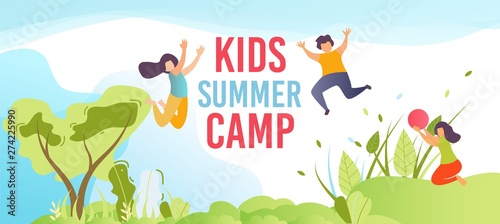 Kids Summer Camp on Holiday Cartoon Flat Banner