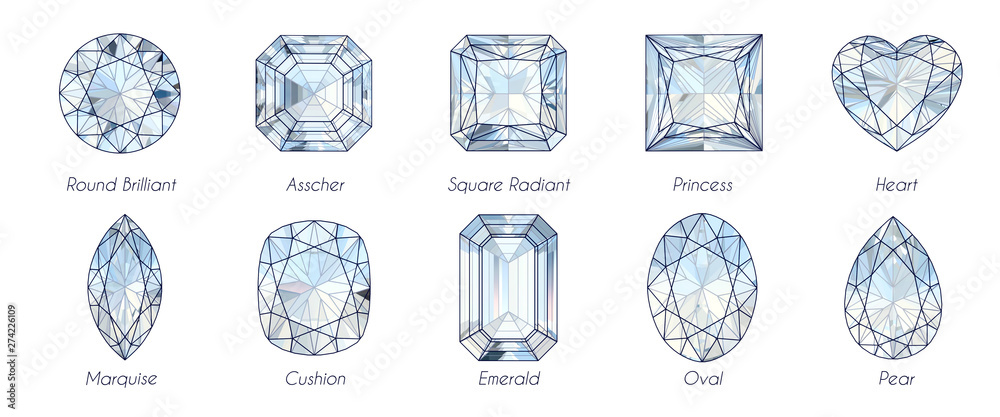 Ten popular diamond shapes with titles on white background. - obrazy, fototapety, plakaty 