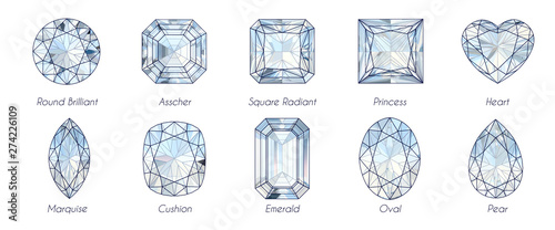 Ten popular diamond shapes with titles on white background. photo