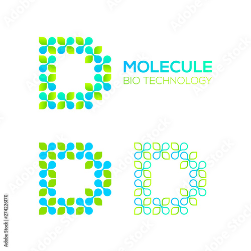 Letter D Logotype with Green Leave and Dots cross, Molecular cell structure concept, Nano Technology and Ecology Biology logo, Eco Plant Icons, Chemistry and DNA Symbols, Science Laboratory Signs