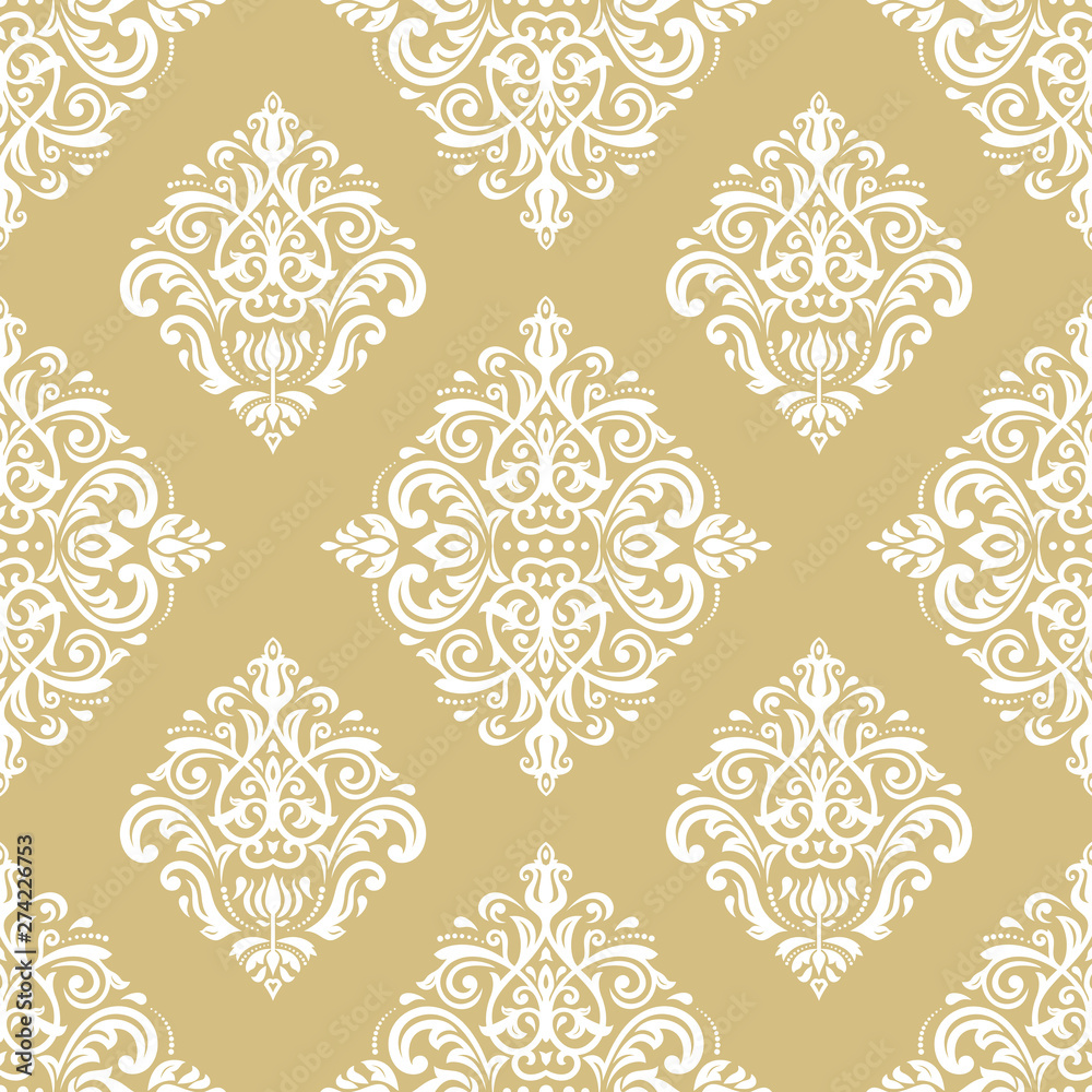Classic seamless vector pattern. Damask orient ornament. Classic vintage golden and white background. Orient ornament for fabric, wallpaper and packaging