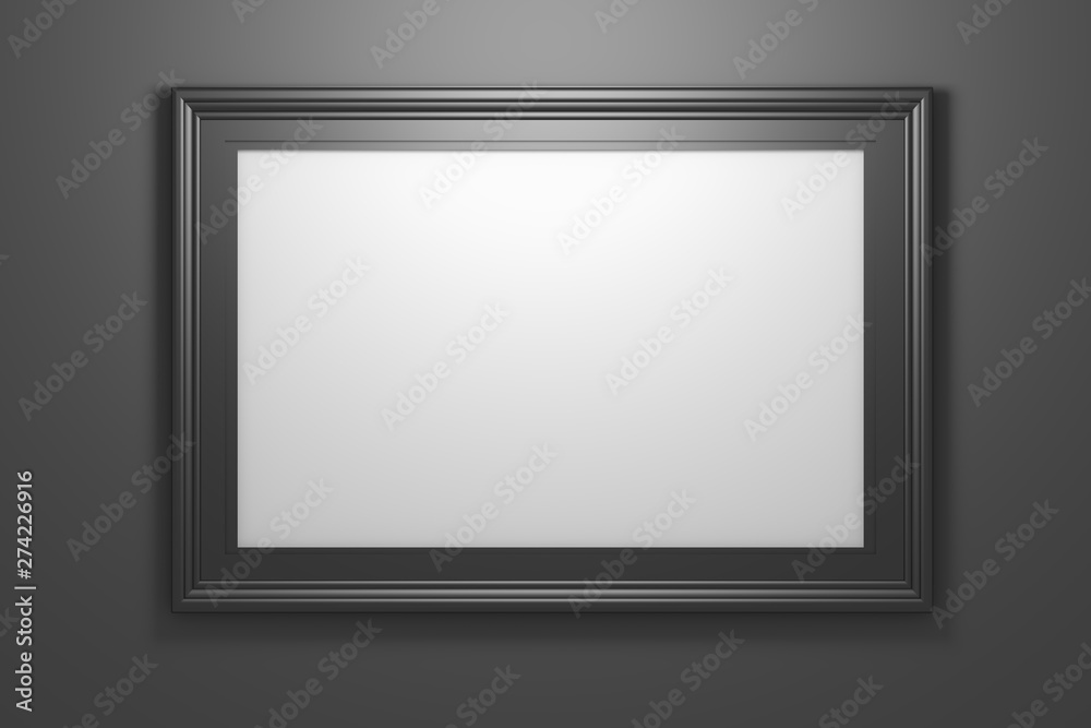 Large wide black shiny photo image frames with copy blank space on black background. 3d illustration. Large wide black shiny photo image frames with copy blank space on black background. 3d illustration.
