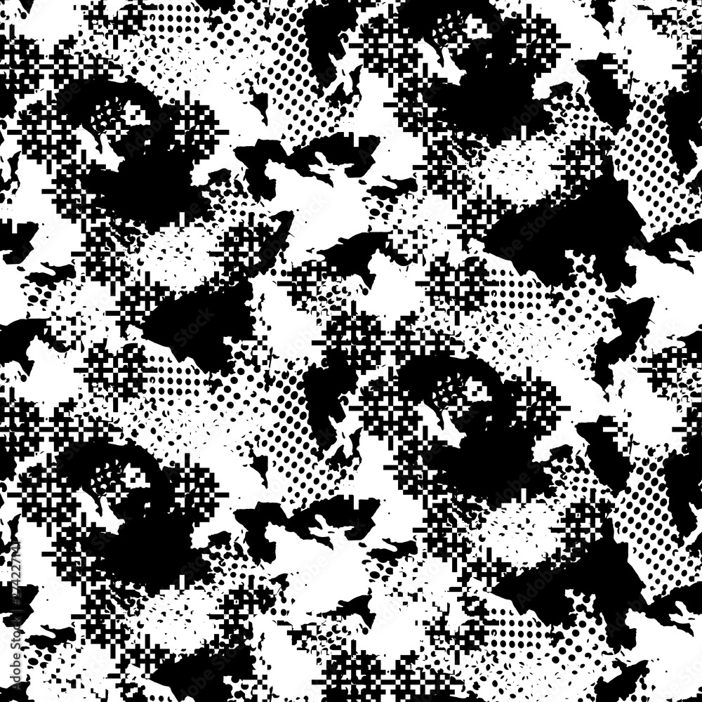 Seamless pattern tribal design. Black and white print with pixel flowers and grunge splashes. Watercolor effect. Suitable for bed linen, leggings, shorts and fashion industry.
