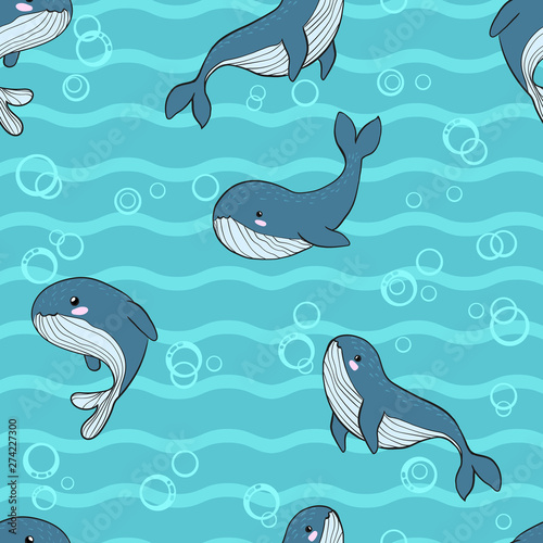Vector seamless pattern with hand draw illustration of whale and boat with abstract shape background in scandinavian style. Childish background  with whale in cartoons style.