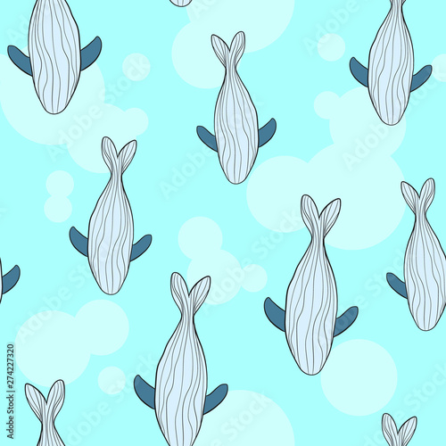 Vector seamless pattern with hand draw illustration of whale on abstract shape background in scandinavian style. Childish background with whale in cartoons style.