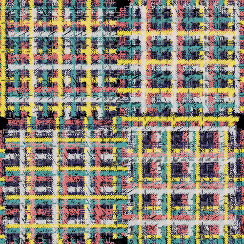 Seamless pattern patchwork design. Mixed print with tartan and tweed lines. Watercolor effect. Suitable for bed linen  leggings  shorts and fashion industry.