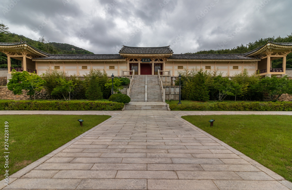 Panorama on inside square of Tongiljeon Complex, with beautiful nature. Heritage of former Capital Gyeongju, South Korea. Asia. Panorama on inside square of Tongiljeon Complex, with beautiful nature. Heritage of former Capital Gyeongju, South Korea. Asia.