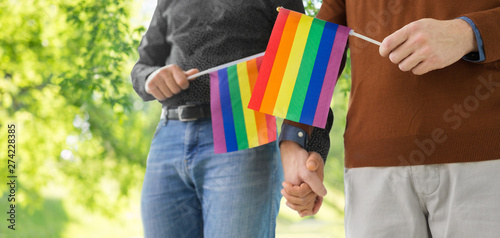 gay pride, lgbt and homosexual concept - close up of happy male couple with rainbow flags holding hands over green natural background