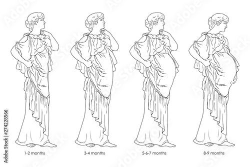 Pregnant woman from first to ninth month in a tunic is standing. Vector image isolated on white background.
