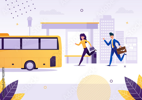 Girl and Businessman Running for Bus near Stop.