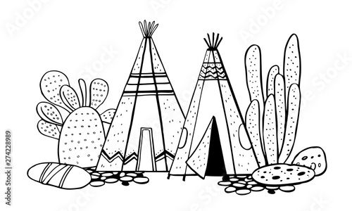Native American indians traditional village. Two wigwams and cactuses. Vector hand drawn outline doodle sketch illustration