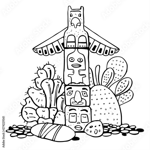 Native American totem pole, stones and cactuses. Vector hand drawn outline doodle sketch illustration