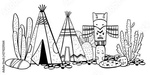 Native American indians traditional village. Two wigwams, totem pole and cactuses. Vector hand drawn outline doodle sketch illustration