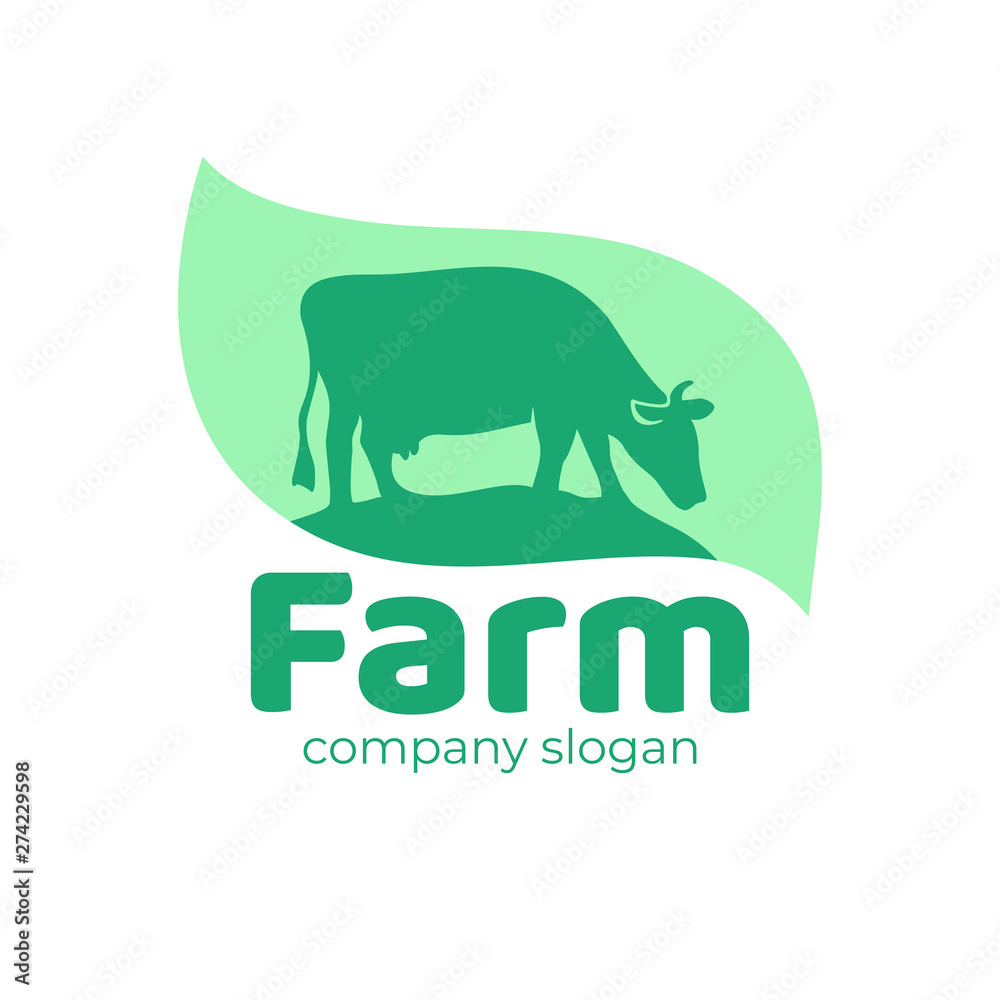 Farm animal logo, icon with cattle. Agro,milk sign. Cow in a meadow with green grass. Vector nature and eco green logotype. Design element for brand identity agricultural company. Dairy product label.