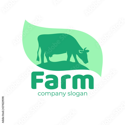 Farm animal logo, icon with cattle. Agro,milk sign. Cow in a meadow with green grass. Vector nature and eco green logotype. Design element for brand identity agricultural company. Dairy product label.