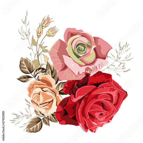 Flower arrangement bouquet of beautiful roses on white background, close up.