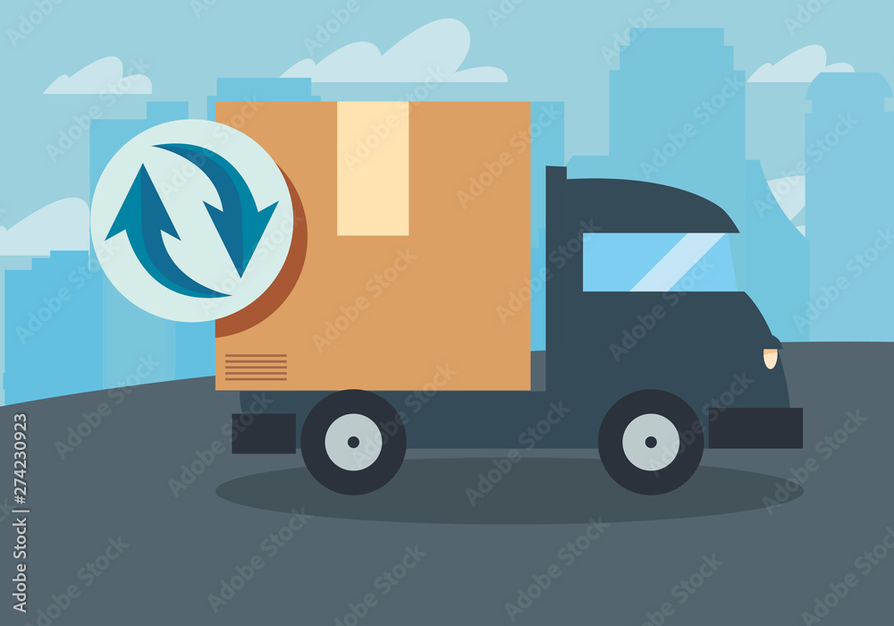 truck cardboard box magnifiying glass icon icon vectorillustrate