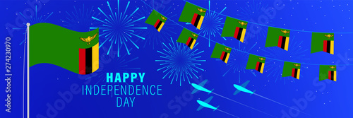 October 24 Zambia Independence Day greeting card. Celebration background with fireworks, flags, flagpole and text. photo