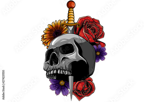 tattoo skull with roses and knife vector illustration