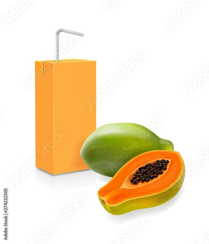 Papaya fruit and juice box realistic vector icon