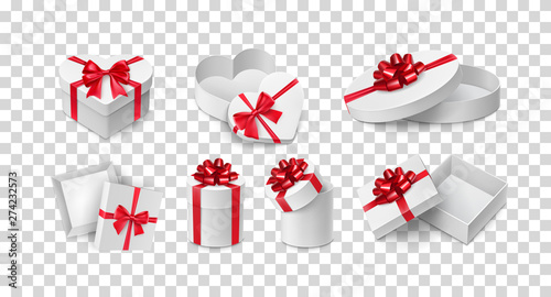 Different cardboard boxes with red ribbon bows. Perfume or cosmetics festive packing for present. Christmas or birthday gift boxes with tape. Many realistic vector containers on transparent background