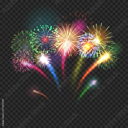 Bursting fireworks festive background with brightly shining sparks. Realistic fireworks explosions vector illustration on transparent background. Beautiful colorful light performance object.