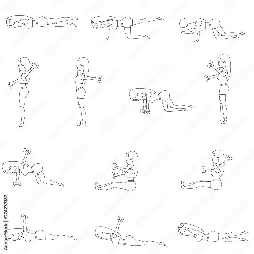 Set beautiful of young girl doing exercises in the gym. Fit womens doing exercises for stomach tightening  with weights. Flat vector illustration of line design. 