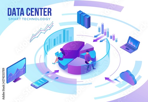 Data analysis center, business people analyze diagram, kpi analytics, digital technology in finance, artificial intelligence concept, big research isometric illustration, teamwork 3d background
