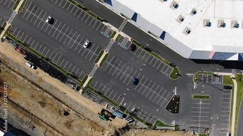 Aerial directly over construction site for sinkhole repair and drainage by strip mall parking, Lancaster, Pennsylvania. Concept: construction,trenching,city services photo