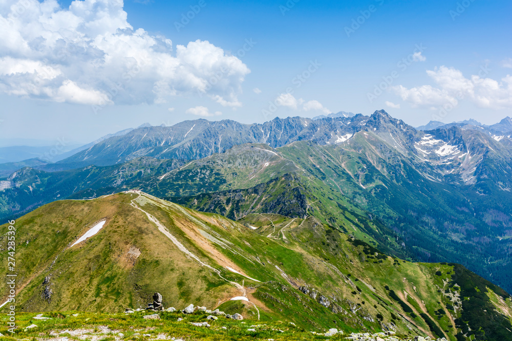 Trails in the mountains. Spring landscape in the Tatras.
