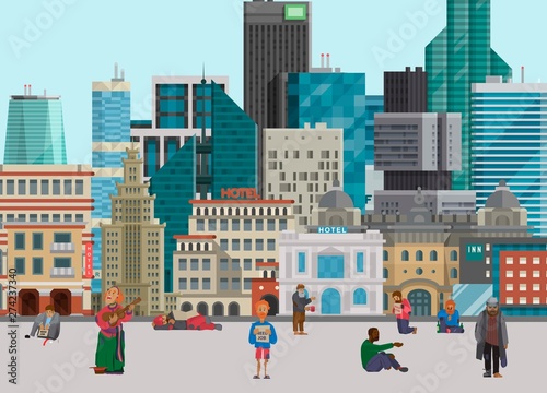 Poor bearded man begging for help. Beggar guy holding sign board. Homeless jobless musician on city streets. Cityscape background horizontal full length vector illustration of big city beggary.