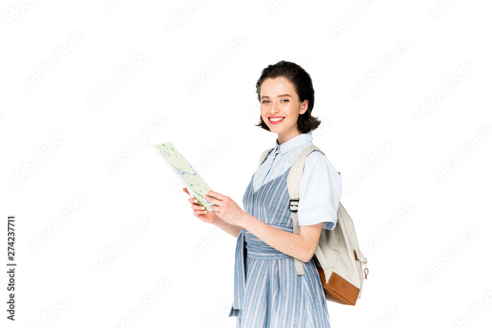 girl holding map and smiling at camera isolated on white girl holding map and smiling at camera isolated on white