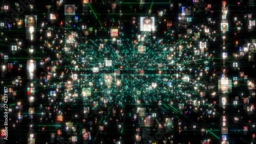 Social network people connection greed. Big data concept, flood of unrecognizable people connect on the internet, 3d rendering nodes transforming