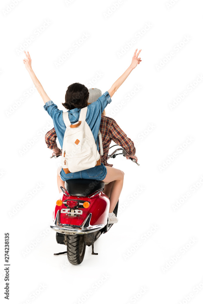 back view of young man and girl showing peace sign, sitting on red scooter isolated on white back view of young man and girl showing peace sign, sitting on red scooter isolated on white