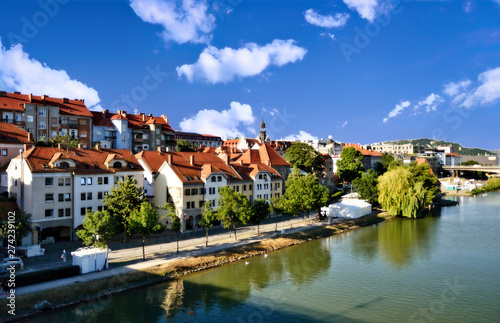 Maribor, Slovenia: Panorama of Maribor city, Slovenia. Drava River, buildings and mountains of Maribor. photo