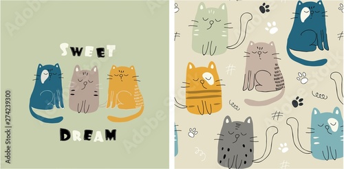Photography set of cute cat print and seamless pattern with cats. vector