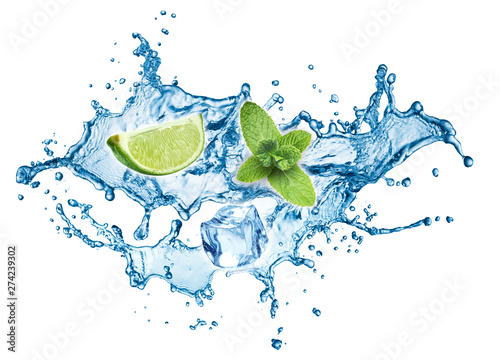 Blue water splash with lime and mint isolated on white background. 3d