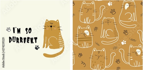 set of cute cat print and seamless pattern with cats. vector