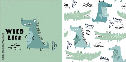 set of cute crocodile print and seamless pattern with crocodiles.vector