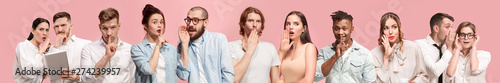Secret, gossip concept. Young men and women whispering a secret behind hands. Business people on trendy pink studio background. Human emotions, facial expression concept. Creative collage of 9 models.