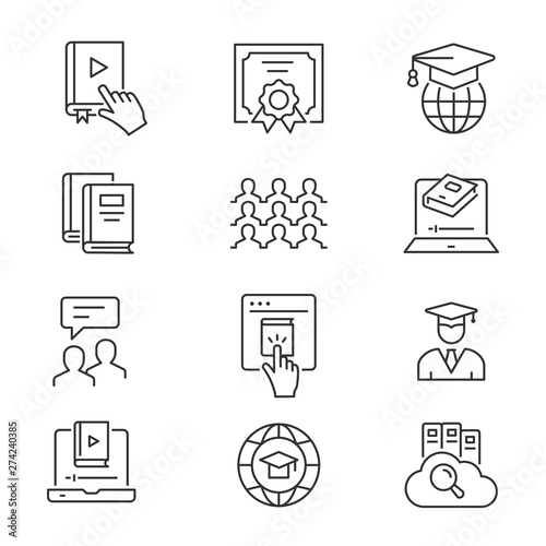 Online education line icons set. Black vector illustration. Editable stroke.