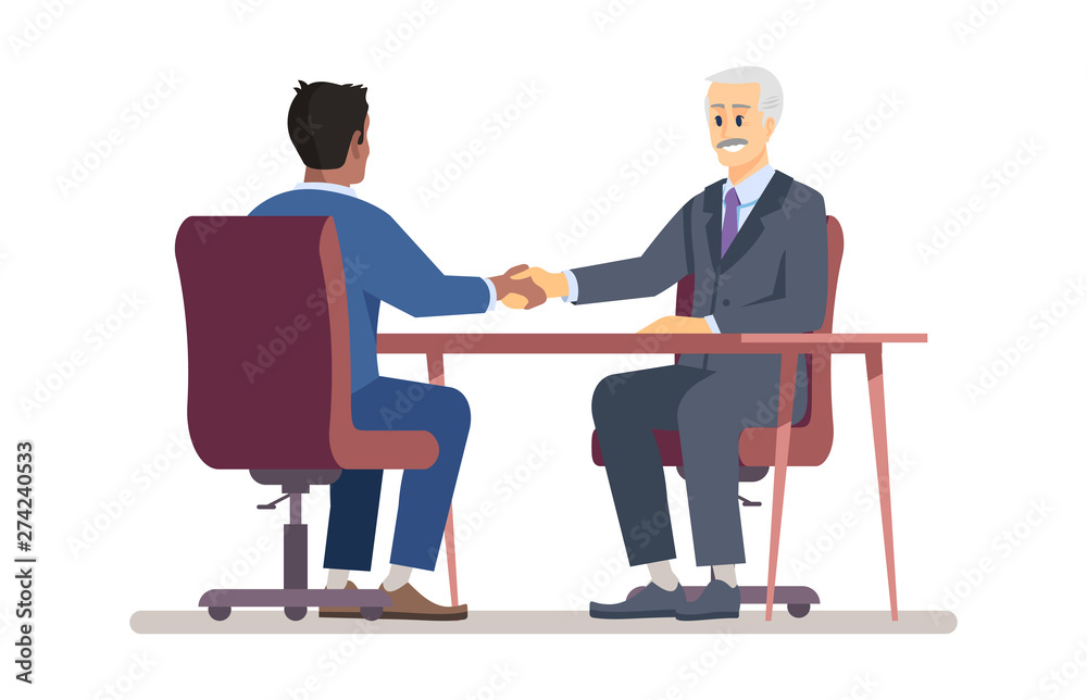 Senior boss hiring employee flat vector illustration. Employer handshaking with new worker, job seeker cartoon characters. Top manager, recruiter and vacancy candidate. Successful job interview Senior boss hiring employee flat vector illustration. Employer handshaking with new worker, job seeker cartoon characters. Top manager, recruiter and vacancy candidate. Successful job interview