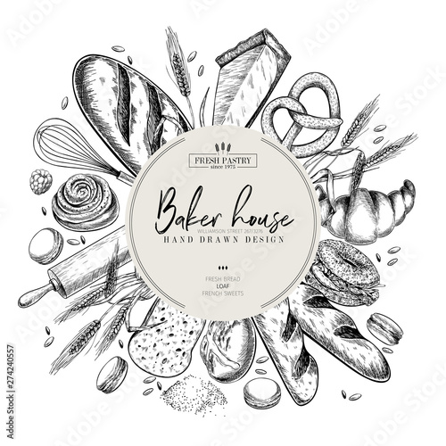 Bakery set. Hand drawn bread, loaf, croissant, pretzel, macaron, pie, baguette. Wheatl flour pastry. Vector engraved banner. For restaurant and cafe menu, baker shop, pasty, sweets. Design template.