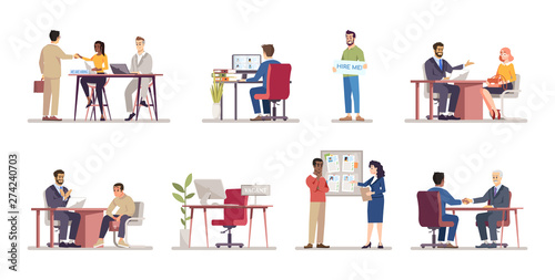 Employment service flat vector illustrations set. HR managers, employers, recruiters hiring staff cartoon characters. Headhunting, recruitment. Job seekers, vacancy candidates, applicants at interview