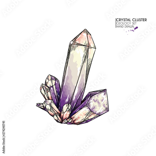 Hand drawn crystal cluster. Vector mineral illustration. Amethyst or quartz stone. Isolated natural gem. Geology set. Use for decoration, flyer, banner, halloween, wedding, witch stuff.